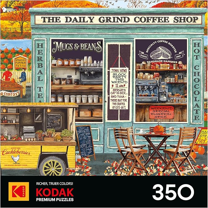 RoseArt - Kodak Premium - The Daily Grind Coffee Shop 350 Piece Jigsaw Puzzle - Cozy Autumn Coffee Shop Scene – Adult Puzzle – Finished Size Approx. 18" x 24", Made in USA
