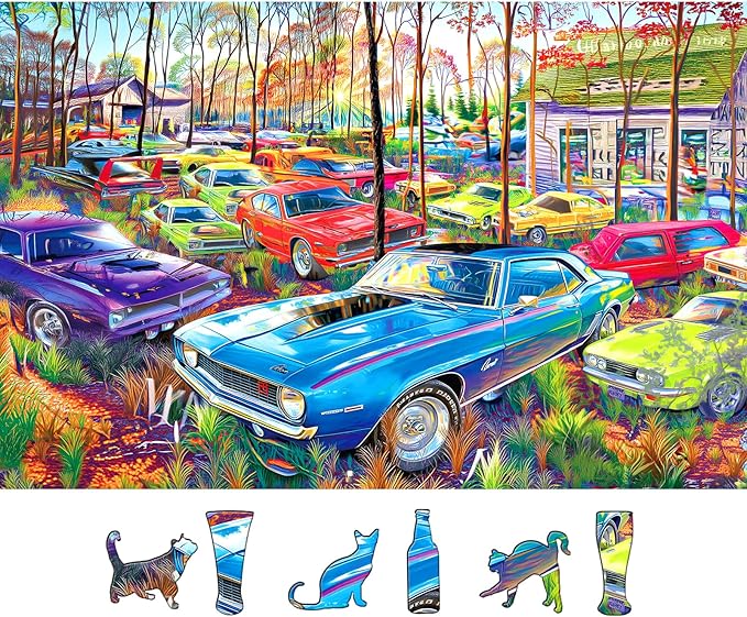 Woods's Vintage Cars 500 Piece Puzzle for Adults, Unique Puzzles for Adults 500 Pieces with HD Print Poster, 23” X 15" Dust Free, for Gifts Birthday Holiday Party Family Games Lovers