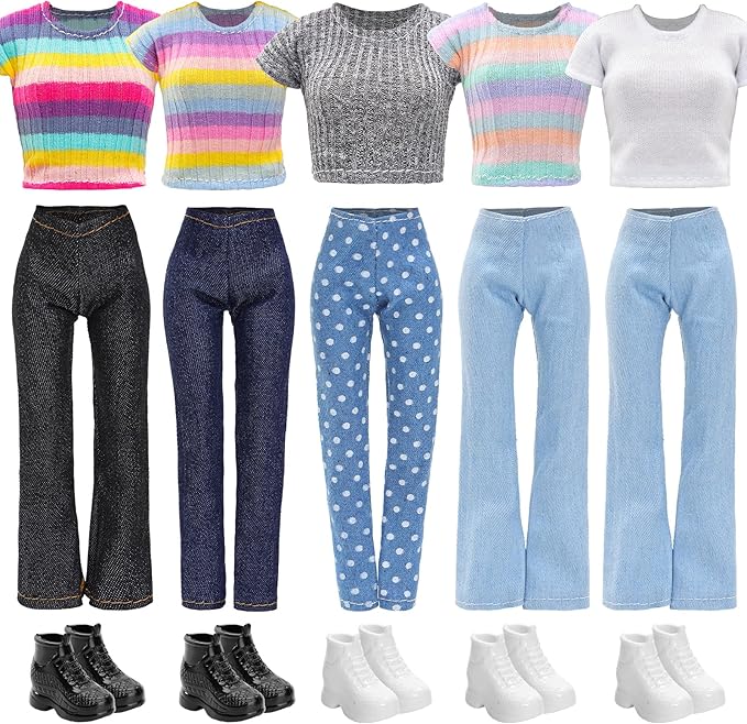 15 Pirces 11.5 Inch Girl Doll Clothes & Accessories Including 5 Colorful T-Shirt, 5 Denim Pants Jeans, 5 Pairs of Sneakers for Girl Dolls Casual Outfit Accessories