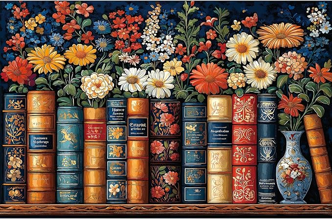300 Piece Puzzle for Adults Vintage Books and Vibrant Flowers Jigsaw Puzzle Fun Colorful Nature Classic Library Design Puzzle with Letters on Back for Seniors Ideal Holiday