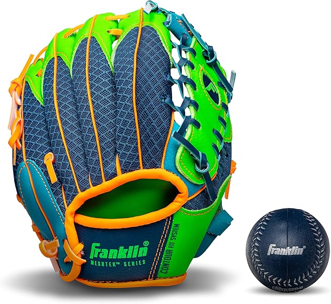 Franklin Sports Kids Baseball Glove + Foam Ball Sets - Meshtek Youth Teeball Gloves for Kids + Toddlers - Left + Right Hand Throw - 9.5" Inch
