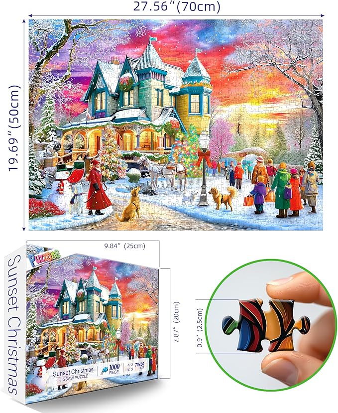 1000 Piece Christmas Puzzle for Adults, Sunset Villa and Dog Winter Landscape Jigsaw Puzzle Challenging Game Holiday Party Family Fun Decor, 27.5 x 19.7 inch