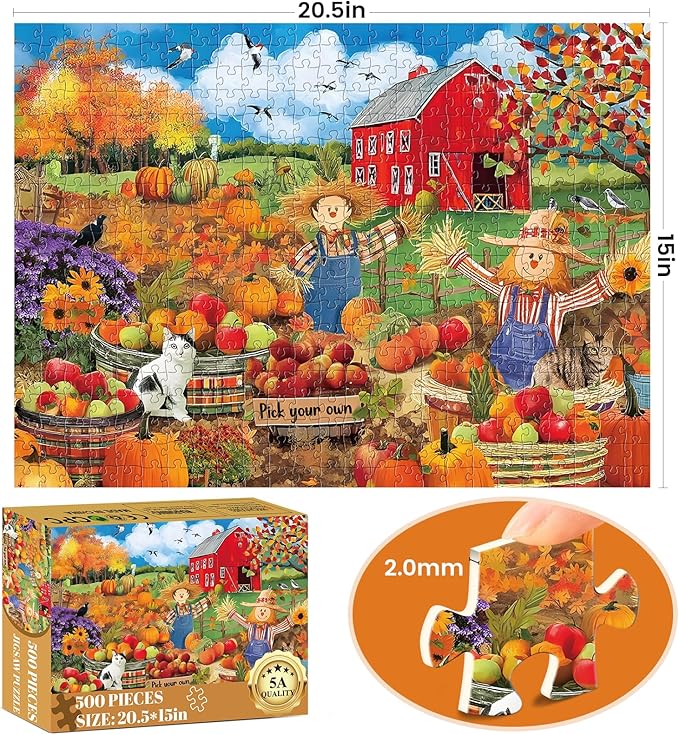 500 Piece Puzzles for Adult,Farm Scarecrow Puzzle for Adults Seniors,Interlock Perfectly Letter on Back,Autumn harvest Landscape Jigsaw Puzzle Letter on Back,Puzzle for Family Game Nights,20.5 x 15 In