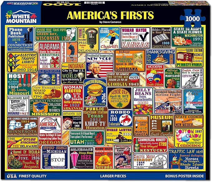 White Mountain 1000 Piece Jigsaw Puzzle Patriotic US Icons Collage Puzzles with Large Pieces Gift for Adults and Family 24"x30" - America's Firsts