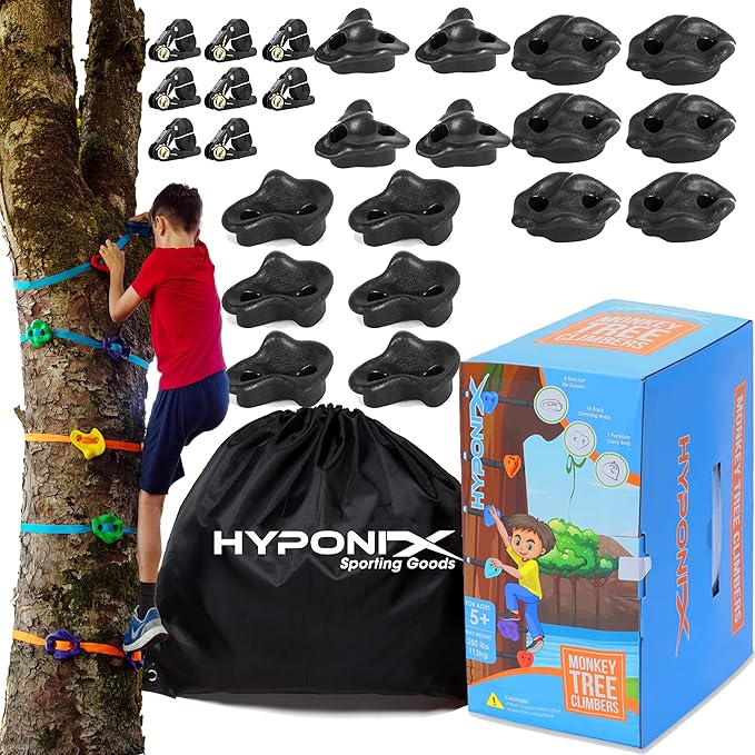 Hyponix Ninja Tree Climbing Kit – 16 Large Rock Holds & 8 Ratchets, 10-Minute Setup, Thicker Textured Grips, Supports 250lbs, CPC Certified Safety, Portable Bag – Backyard Fun & Ideal Gift for Kids