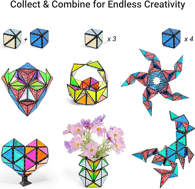 TOSY Magnet Pyramid Stone - 1 Cube Transforms into 1 Billion Shapes (Bunny, Egg Basket, Flowers, Heart), Easter Birthday Gift, 12 pcs, 243 Magnets, Holographic Design, Puzzle/STEM Toy