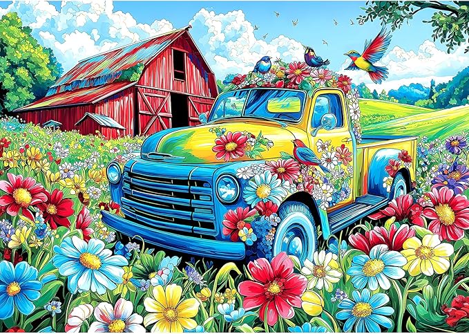Spring Village Truck 1000 Piece Puzzles for Adults, Clearance Challenge Art Jigsaw Puzzle, for Gift Birthday Party Games Family, 27.5 * 19.7 Inch Dust Free Puzzle