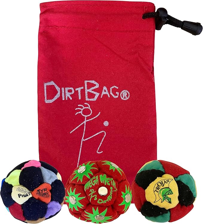DIRTBAG Lover Footbag 3-Pack with Pouch, Includes Three Original and Unique Premium Quality Hand Sewn Footbags and Carry Pouch.
