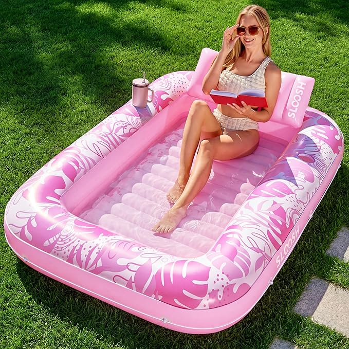 SLOOSH Inflatable Tanning Pool Lounger Float,70" x 46" Pool Floats Adult with Pillow,4 in 1 Suntan Tub Raft Floatie,Sunbathing Bed Lounge for Water Blow Up Kids Ball Pit Party Gifts,L-Blushing Pink