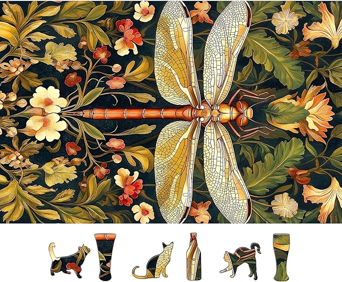 Dragonfly Art 500 Pieces Puzzles for Adults Floral Pattern with Vintage Botanical Illustration Jigsaw Puzzle Flowers Stained Glass Effect Dragonfly Challenging Adult Puzzle for Home Decor & Gift