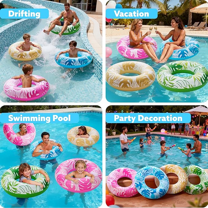 Sloosh 4 Pack Inflatable Pool Floats, Pool Tube Rings, Swim Tubes, Floaties Toys, Beach Swimming Party Toys for Kids and Adults