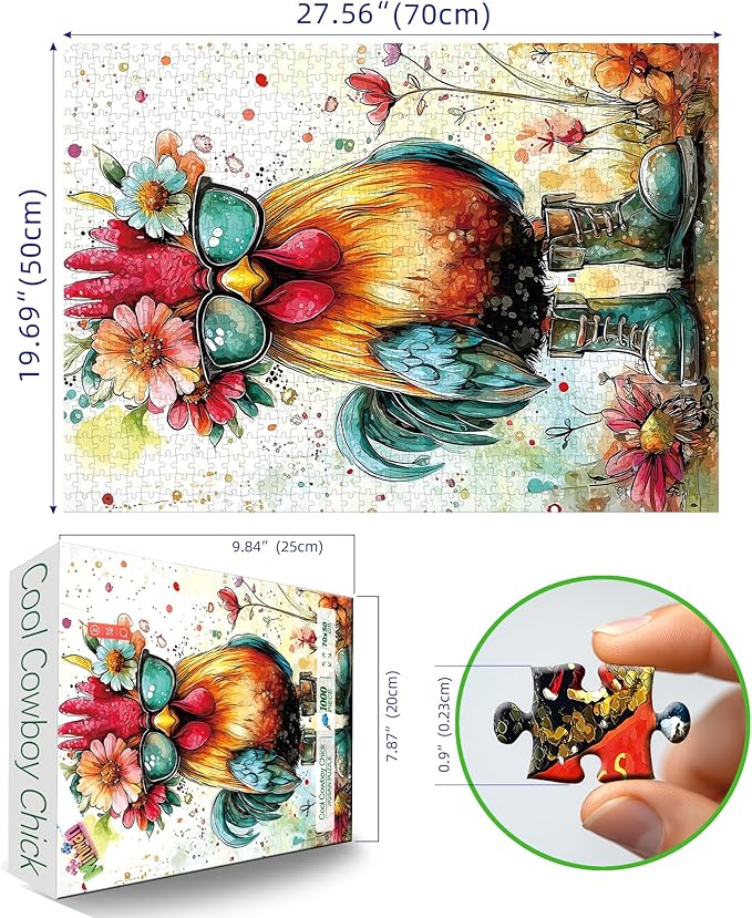 Sunglasses Cool Chicken 1000 Piece Puzzles for Adults, Hard Challenge Art Jigsaw Puzzles, for Gifts Birthday Party Games Family, 27.5" X19.7" Dust Free Puzzle