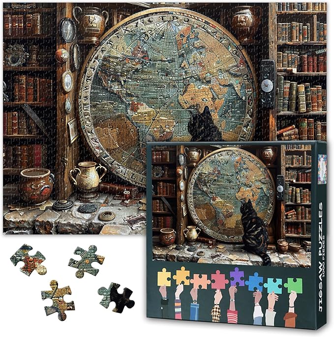Curious Cat Puzzles for Adults 1000 Pieces, Vintage World Map Jigsaw Puzzles, Adult Puzzle for Adults, Educational Fun Games or Toys for Elders Friends 20X27 INCH