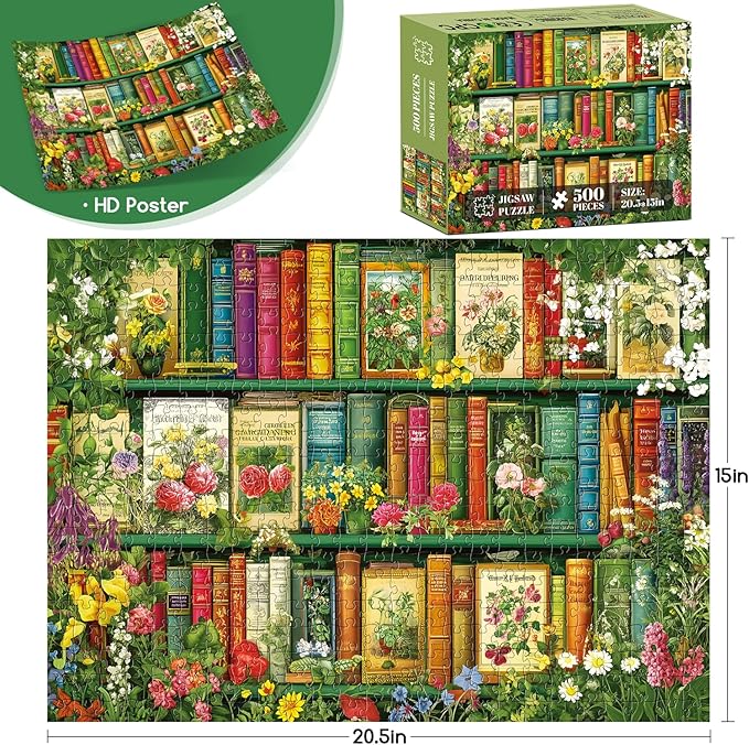 500 Piece Puzzle for Adults | Wildflowers Vintage Book Puzzle | Recycled Cardboard Flower Bookshelf Jigsaw Puzzles 500 Pieces | Challenging Fall Plant Floral Puzzles Perfect for Game Nights 20.5*15in