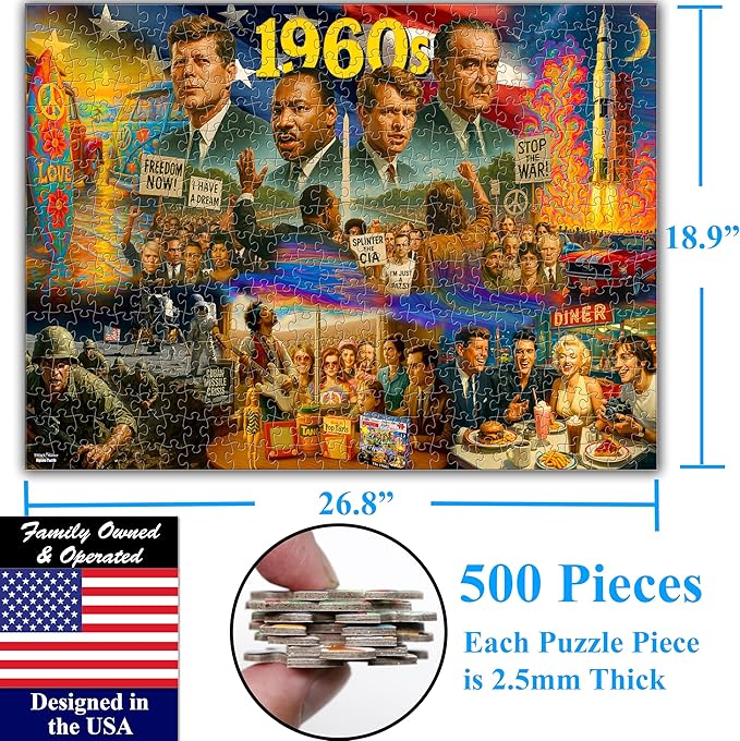 Think2Master 1960s 500 Pieces Very Large Pieces Jigsaw Puzzle: 13+, Teens, Adults & Seniors. Travel Back in Time with The Nostalgic Collage. Great Gift. Size: 26.8” X 18.9”