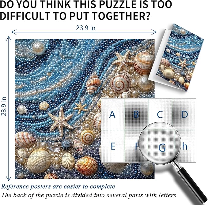 Beach 1000 Piece Puzzles for Adults, PICKFORU Mosaic Gradient Sea Jigsaw Puzzles Jewel Seashells, Challenging Hard Unique Pearl Shell Ocean Theme as House Decor