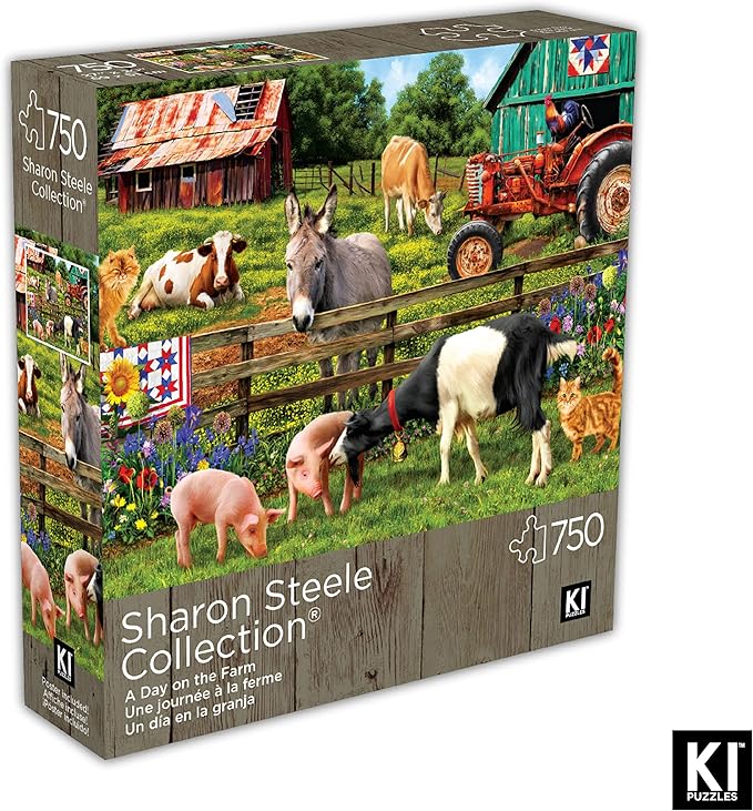 Sharon Steele 750 Piece Jigsaw Puzzle for Adults – A Day on The Farm – Difficult, Challenging, Hard & Fun Country Farmhouse Puzzle – Large 27” x 20” Whimsical Artwork – Gift for Puzzle Lovers
