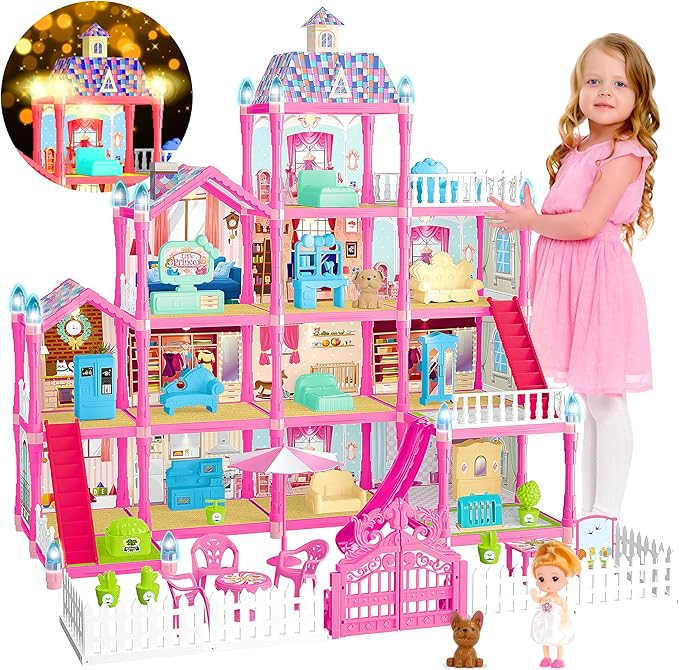 OCTERIC Doll House for Girls,13 Rooms Dollhouse with 2Dolls Figure, Lights, Puppies,Furnitures, Accessories, Toddler Playhouse Gift for for 3 4 5 6 7 8 9 10 Year Old Girls Toys (Pink)