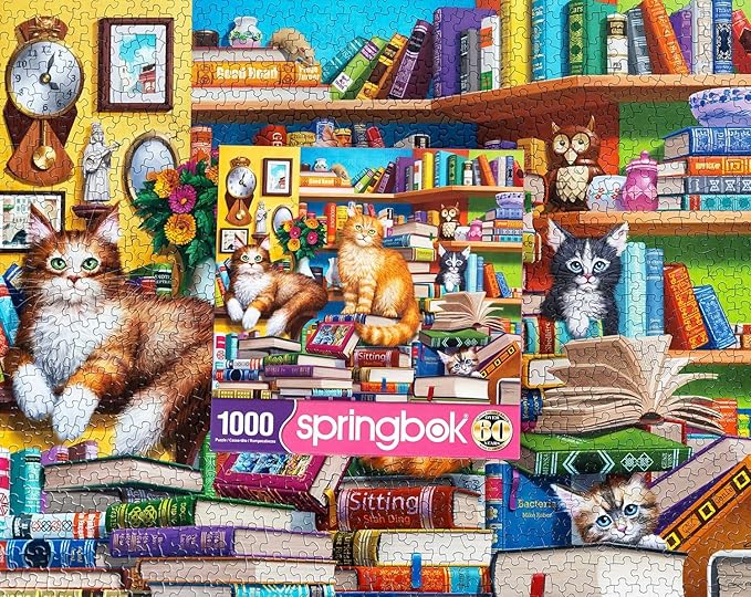 Springbok's Bookshop Cats 1000 Piece Puzzle for Adults Featuring Furry Felines Perched on The Bookshelf. Cat Lovers Will Enjoy This Masterpiece.