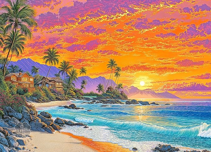 Lucky Puzzles - Sunset Bliss by the Sea - 1000 Piece Jigsaw Puzzle for Adults | Tropical Beach Sunset Artwork | Challenging Puzzle for Adults for Puzzle Lovers