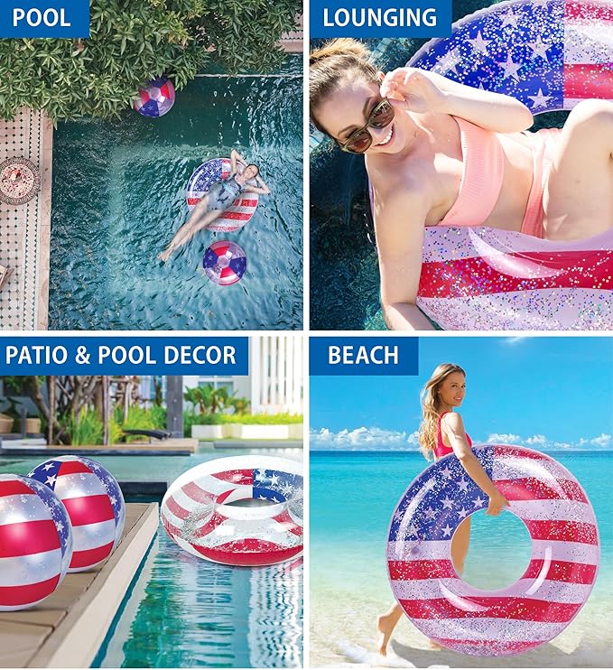 POZA Inflatable USA Pool Float - Luxurious Fun Lounger Filled with Sparkle Silver Stars Confetti, Cool USA Flag Design Water Swimming Pool Floaties for Beach, Lake & Pool