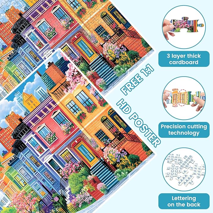 500 Pieces Puzzles for Adults, Spring Puzzle for Adults Elderly, Colorful Street Jigsaw Puzzle, Recycled Paper Puzzle 500 Pieces, Family Activity Game Nights Gifts 20.5x15 in