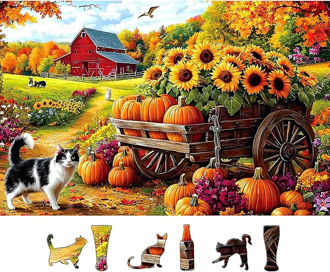 MINIWAN 500 Piece Puzzles for Adults - Autumn Farm Pumpkin Sunflower Cat Jigsaw Puzzle, 23x15 Inches with Unique Irregular Shaped Pieces for Relaxation & Home Wall Decor