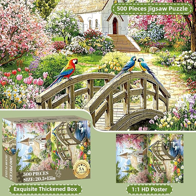 Puzzles for Adults 500 Pieces,Charming Lakeside Church Puzzle for Adults,Beautiful Flower & Parrot Jigsaw Puzzles for Seniors,Puzzles for Family Game Nights & Holiday Party Gifts,20.5x15 in