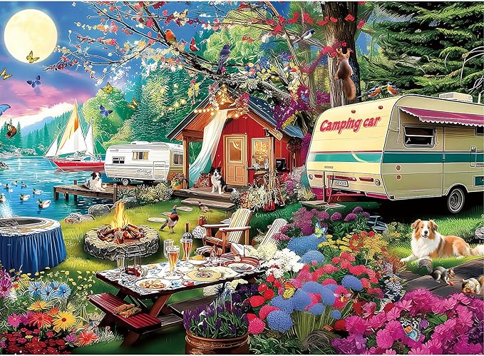 300 Piece Puzzles for Adults, 300 Piece Puzzles for Adults Large Piece, Moonlit Night Lake Camping Adventure Jigsaw Puzzle, Challenging Puzzle Perfect for Game Nights, 20.5 X 15 in