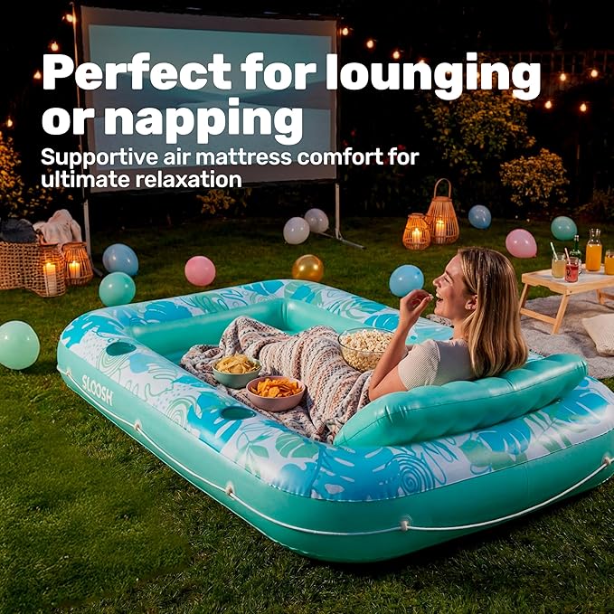 SLOOSH Inflatable Tanning Pool Lounger Float, 70" x 46" Pool Floats Adult with Pillow, 4 in 1 Suntan Tub Raft Floatie,Sunbathing Bed Lounge for Water Blow Up Kids Ball Pit Party Gifts, L-Cyan White