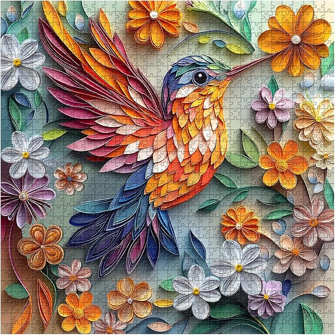 Hummingbird 1000 Piece Puzzle for Adults, PICKFORU Bird Flower Jigsaw Puzzle 1000 Pieces, Quilling Paper Cut Art Puzzles, Challenging Floral Garden Puzzle as Wall Decor