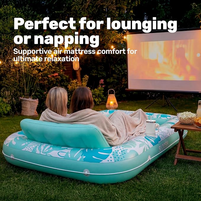 SLOOSH Inflatable Tanning Pool Lounger Float,85" x 57" Extra Large Pool Floats Adult with Pillow,4 in 1 Suntan Tub Raft Floatie,Sunbathing Bed Lounge Blow Up Ball Pit Party Gifts,XL-Cyan White