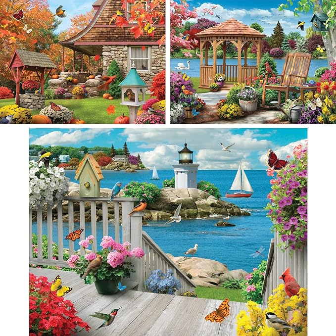 Bits and Pieces – Value Set of Three 300 Piece Jigsaw Puzzles for Adults – Autumn Well Wishes, Seacost Serenity, Floral Fantasy Jigsaw Puzzles by Artist Alan Giana, Completed Puzzle Size: 18" x 24"