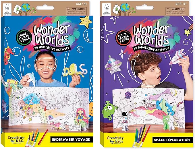 Creativity for Kids Wonder Worlds 3D Coloring Craft Kit 2 Pack: Outer Space and Underwater Voyage - Gifts for Boys and Girls (Ages 5+)