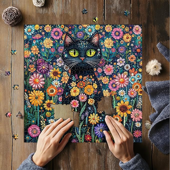 Cat Jigsaw Puzzle for Adults 1000 Pieces, Black Cat Garden Flowers Plants, Kitten Animal Themed Puzzle, Challenging for Adults Kitty