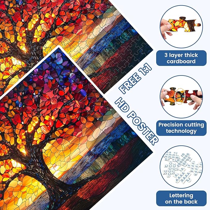Stained Glass Puzzle, Glass Tree Puzzles for Adults 300 Pieces, Stained Tree of Life Puzzle 300 Pieces, Creative Games and Holiday Party Gifts, Fun and Challenging Family Games, 20.5 x 15 inches