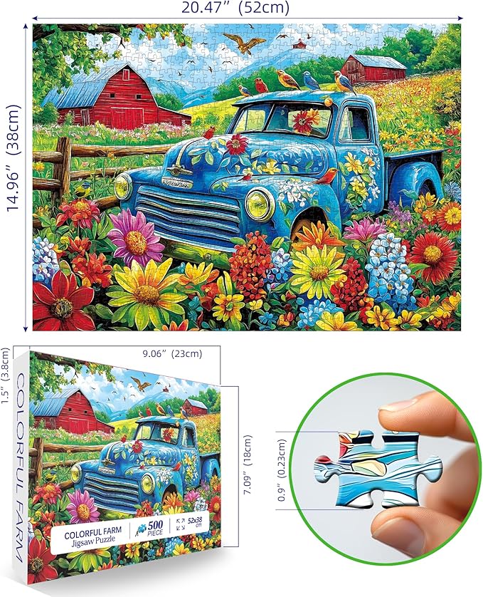 MINIWAN 500 Piece Puzzles for Adults - Vintage Blue Truck Farm Floral Jigsaw Puzzle, 23x15 Inches with Unique Shaped Pieces for Relaxation & Home Decor