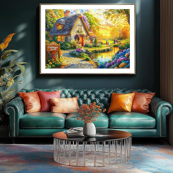 Fairy Tale Cottage 1000 Piece Jigsaw Puzzle for Adults - Scenic House Garden with Sunset & Colorful Flowers Landscape Challenging Puzzle Games Fun Family Activity （27.6" x 19.7"）