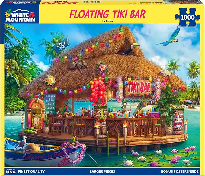 White Mountain 1000 Piece Jigsaw Puzzle Fun Coastal Summer Puzzles with Large Pieces Gift for Adults and Family 24"x30" - Floating Tiki Bar