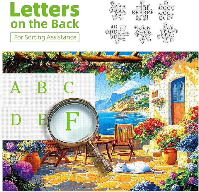 1000 Piece Jigsaw Puzzle for Adults, Seaside Garden Terrace Scene with Colorful Flowers and Cat, Mediterranean Coastal Landscape with Sailboats, Home Decor & Stress Relief