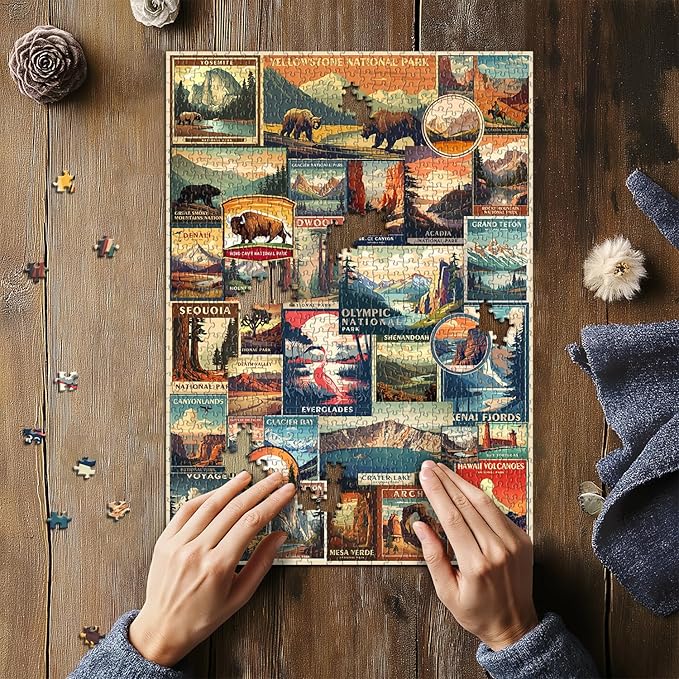 Vintage National Parks Puzzle for Adults 1000 Pieces, Travel Poster Landscape Puzzle Including Yellowstone Zion Acadia Yosemite, Nature Jigsaw Puzzles Scenery Mountain Scene