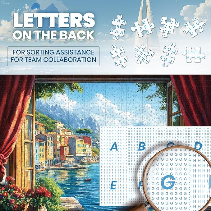Puzzles for Adults 1000 Pieces, Italy Ocean Coast Seaside Village Window View, 1000 Piece Puzzle for Adults Seniors, Jigsaw Puzzles with Letters on Back,Fun Gifts Decor 1:1 Poster
