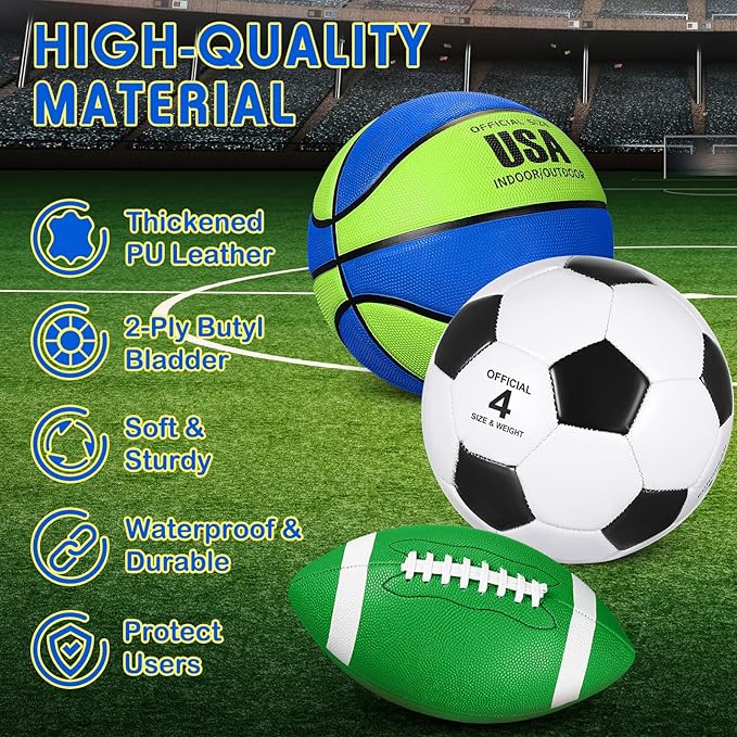 Libima 3 Pcs Sports Ball Set for Kids Teens Include Official Size Basketball Soccer Football with Pump and Carry Bag Training Practice Sport Back to School Gift