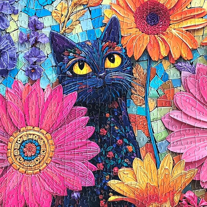Colorful Flowers Cat Puzzles for Adults 1000 Pieces, Perfectly Letter on Back No Dust, Stained Glass Jigsaw Puzzle Black Cat Theme, Challenging Puzzle Perfect for Game Nights Family Puzzle