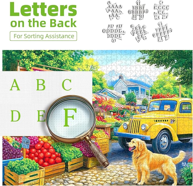 Farmers Market Jigsaw Puzzle 500 Pieces for Adults Colorful Fruits Vegetables Puzzles with Letters on Back Vibrant Cozy Countryside Scene Fun Family Puzzle for Seniors