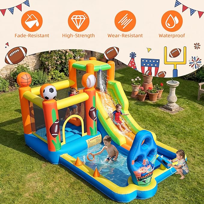 TOAOB Inflatable Water Slide for Kids 3-12: Blow Up Bounce House Backyard Water Park with 480W Blower- 9 in 1 Football-Themed for Outdoor Birthday Party