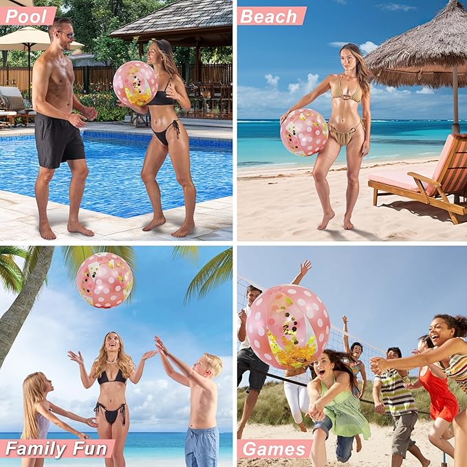 POZA Inflatable Beach Balls - Elegant Glitter Confetti Premium Floaters, Heavy Duty Vinyl Floatation Pool Toys for Pool Beach Party, UV Resistant Pool Décor