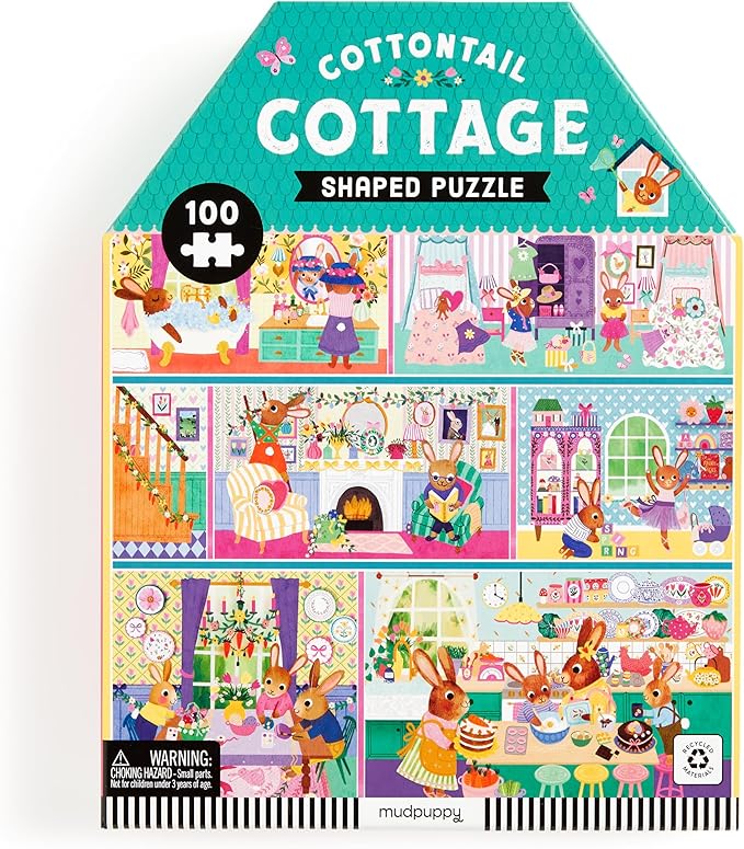 Mudpuppy Cottontail Cottage – 100 Piece Unique House Shaped Scene Puzzle with Colorful and Fun Illustrations of A Bunny Themed House for Children Ages 5-8