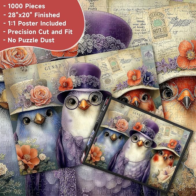 Vintage Elegant Three Birds 1000 Piece Puzzle for Adults - Victorian Style Art, Whimsical Postcard Scene, Poster & Lettered Back, 28"x20" HD, Gift for Bird & Vintage Art Lovers
