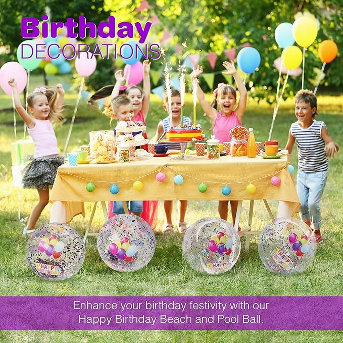 4E's Novelty 22 Inch Large Happy Birthday Beach Ball with Glitter Inside, for Pool Birthday Decorations Supplies, Outdoor Yard Games, Inflatable Pool Toys for Kids Adults